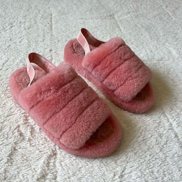 Ugg Australia Fluff Yeah Fuzzy Slip On Slippers Peach Pink Sandals - Picture 2 of 7